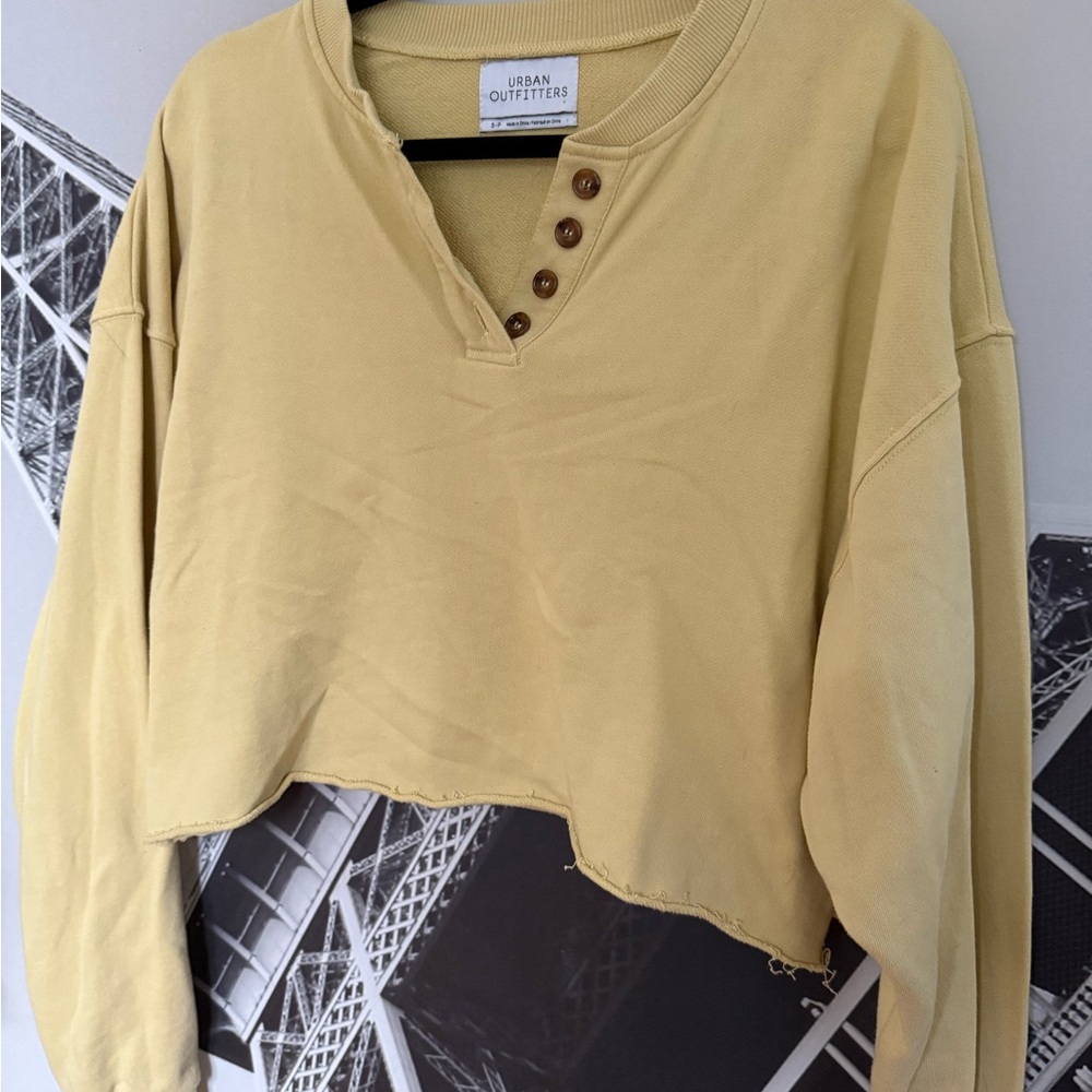 Urban Outfitters Mustard Button-Detail Cropped Sweatshirt